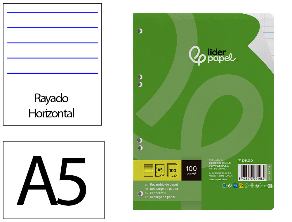 Recambio Liderpapel A5 100 h 100gr Horizontal Doble Margen 6 Taladros