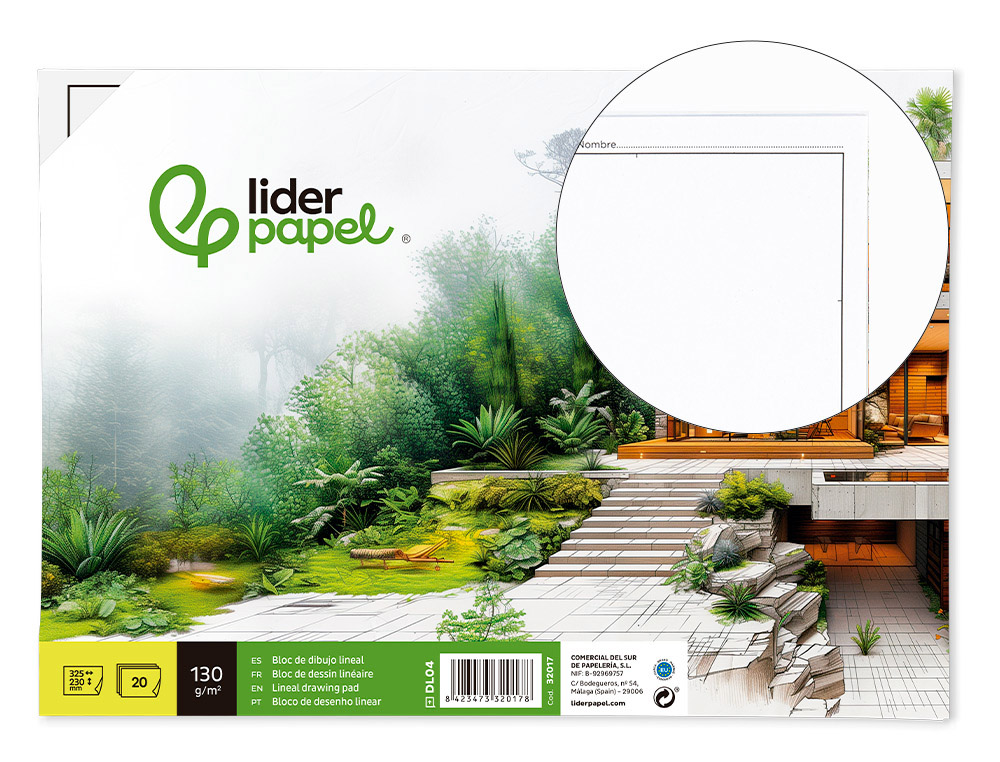 Bloc Dibujo Liderpapel Lineal Encolado 230x325mm 20 Hojas 130 Gr/m2 con Recuadro