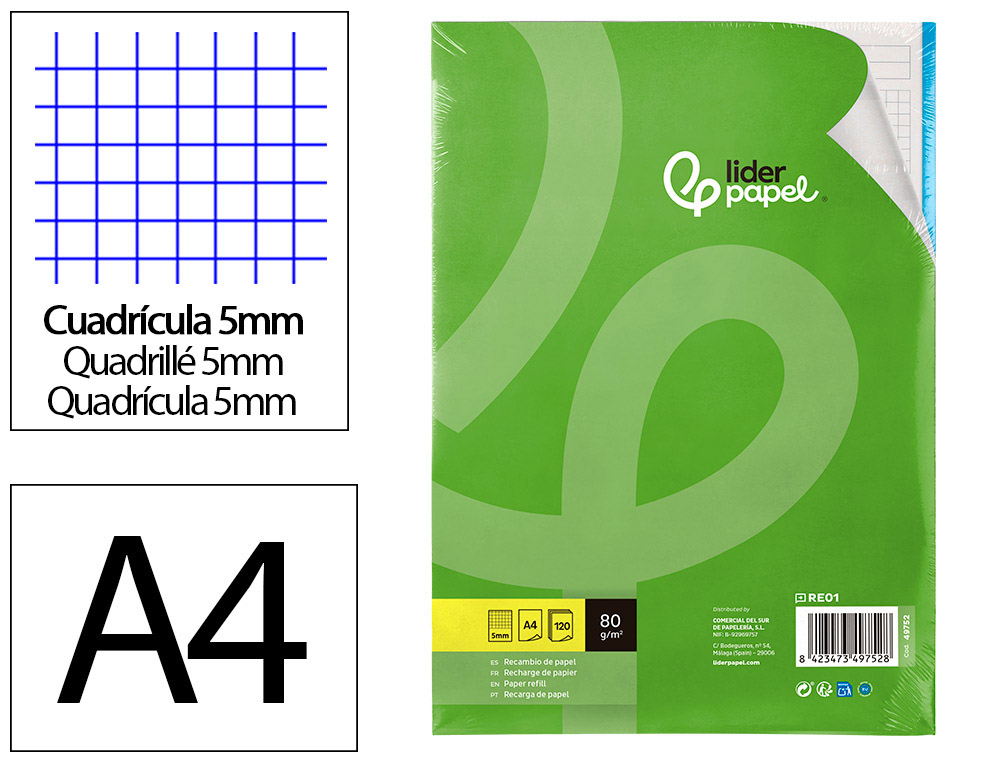 Recambio Liderpapel A4 120 Hojas 80gr Cuadro 5mm sin Ma Rgen 4 Taladros Bandas de 5 Colores