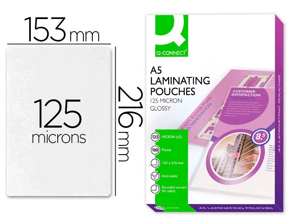 Bolsa de Plastificar Q-Connect 153 x 216 mm DIN A5 125 Mc Autoadhesivas Caja de 100 Unidades