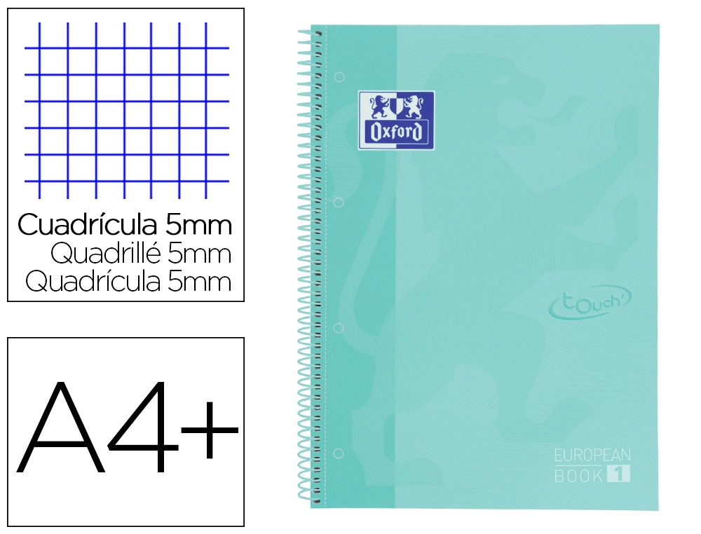 Cuaderno Espiral Oxford Ebook 1 School Touch Te DIN a4+ 80 Hojas Cuadro 5 mm con Margen Mint Pastel