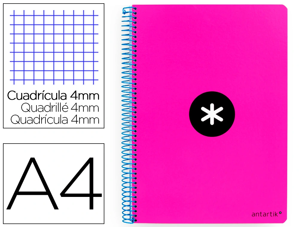 Cuaderno Espiral A4 Antartik Tapa Dura 80h 90gr Cuadro 4mm con Margen Color Rosa Fluor