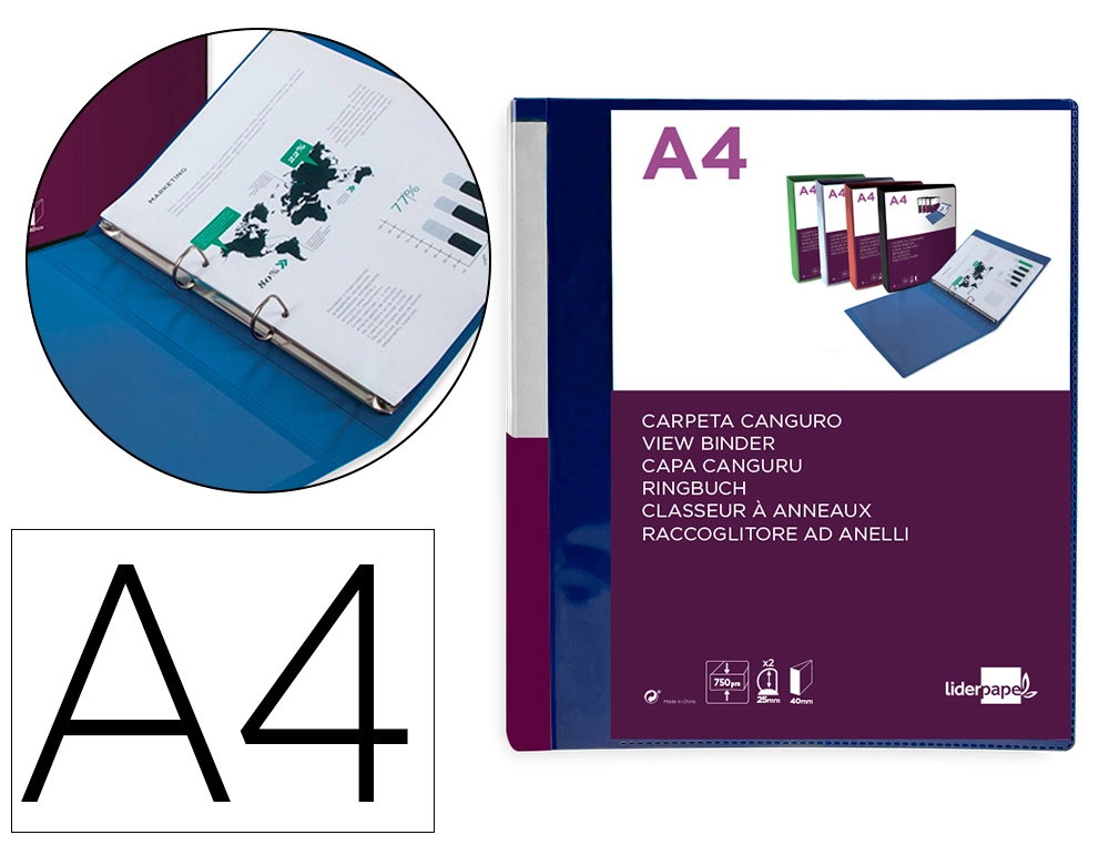 Carpeta Liderpapel Canguro 2 Anillas 25 mm Mixtas Polipropileno DIN A4 Azul Translucido