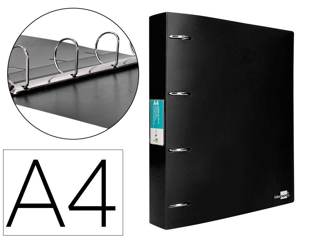 Carpeta Liderpapel 4 Anillas 40 mm Mixtas Polipropileno DIN A4 Negro Opaco