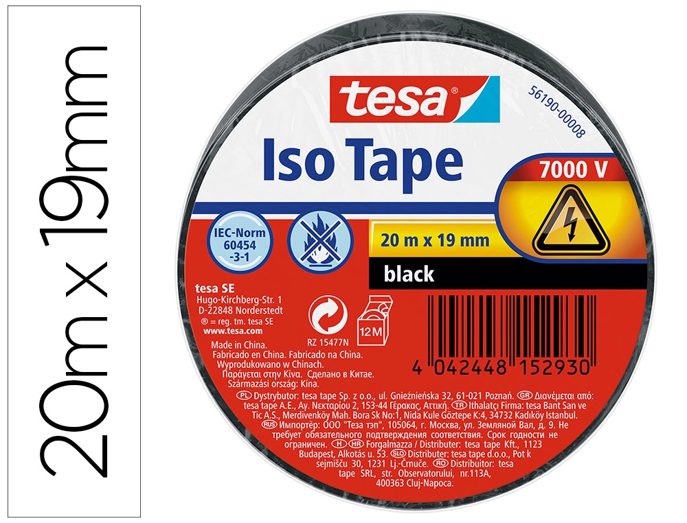 Cinta Adhesiva Aislante Tesa 20 mt x 19 mm Color Negro