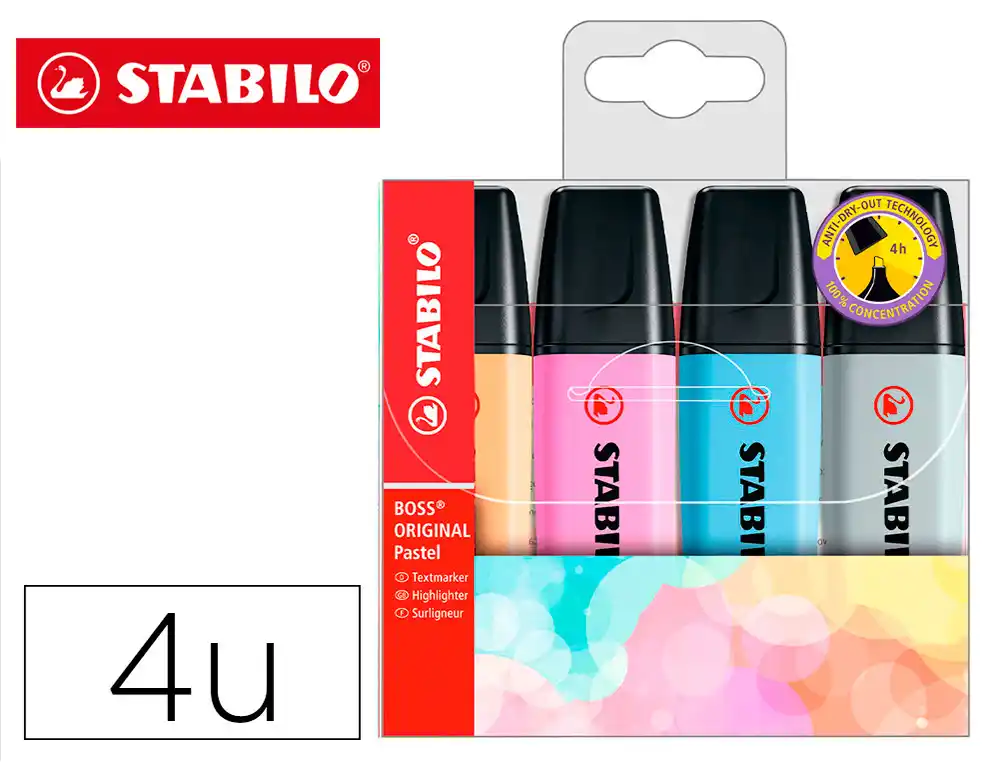 Rotulador Stabilo Boss Fluorescente 70 Pastel Estuche de 4 Unidades Colores