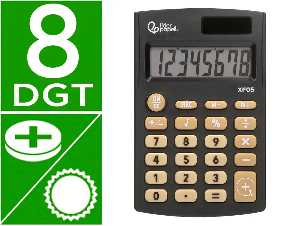 Calculadora Liderpapel Bolsillo xf05 8 Digitos Solar y Pilas Color Negro 98x62x8 mm