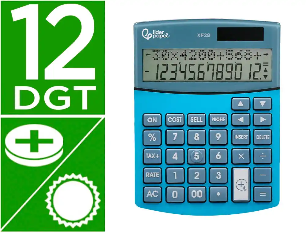 Calculadora Liderpapel Sobreme Sa xf28 12 Digitos Dos Lineas Coste Venta Margen y Tasas Solar y Pilas Azul 155x115x25 mm