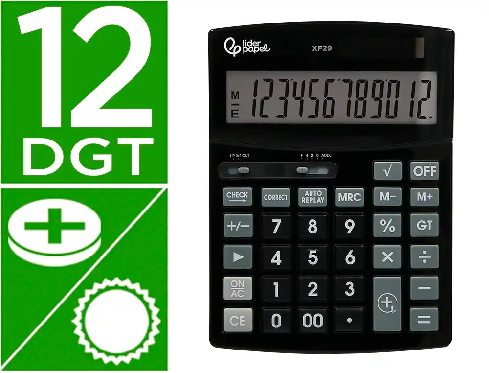 Calculadora Liderpapel Sobremesa xf29 12 Digitos Solar y Pilas Color Negro 190x140x30 mm