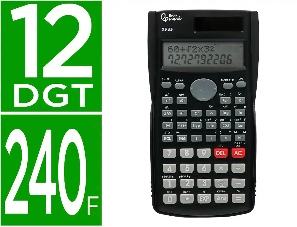 Calculadora Liderpapel Cientifica xf33 12 Digitos 240 Funciones con Tapa Solar y Pilas Color Negro 156x85x20
