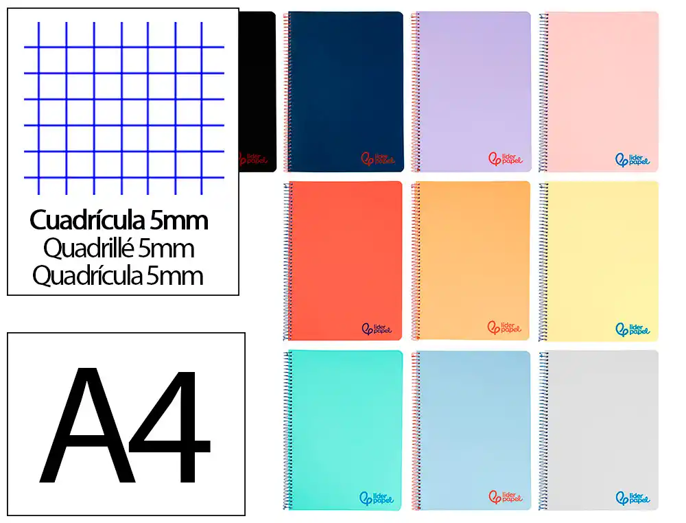 Cuaderno Espiral Liderpapel A4 Wonder Tapa Plastico 80h 90gr Cuadro 5mm con Margen Colores Surtidos