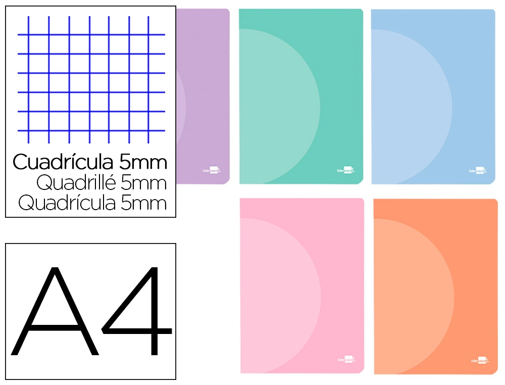 Libreta Liderpapel 360 Tapa de Plastico A4 48 Hojas 90gr Cuadro 5mm con Doble Margen Colores Pastel