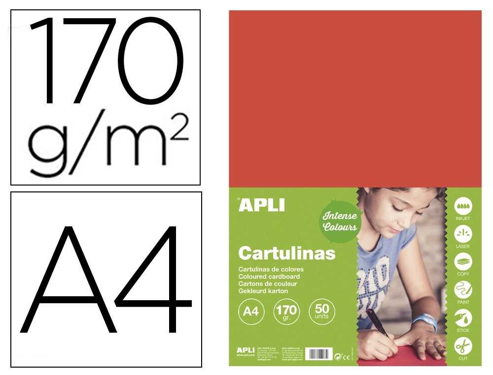 Cartulina Apli DIN A4 170g/m2 Rojo Paquete de 50 Hojas
