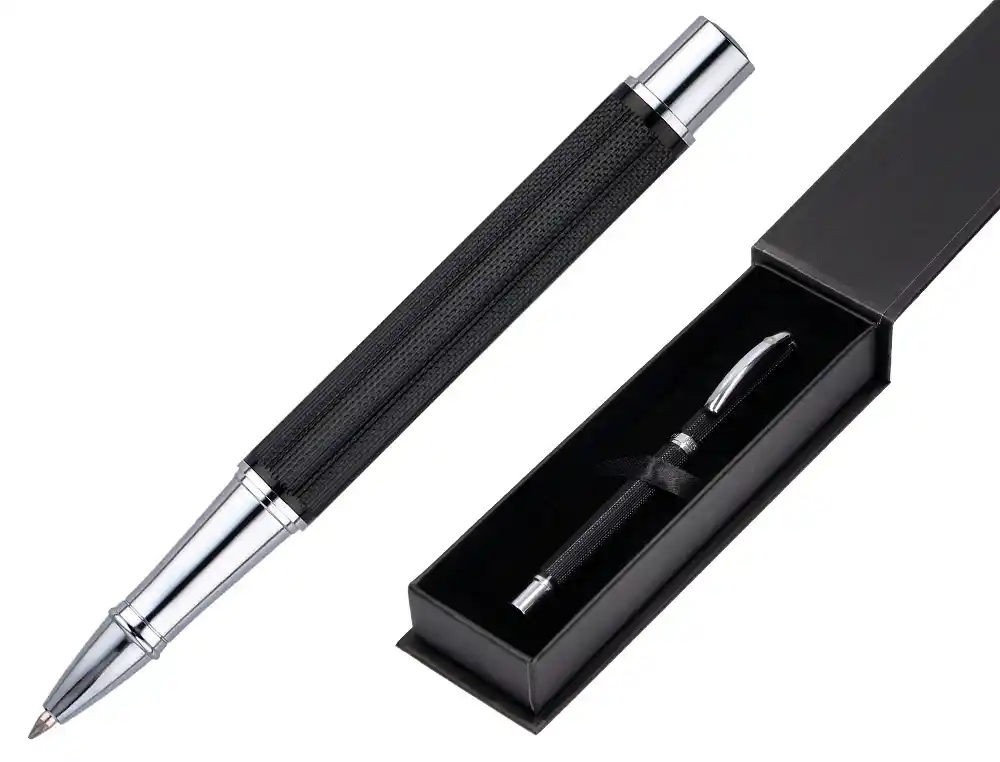 Roller Belius Turbo Aluminio Textura Punteada Color Negro y Plateado Tinta Azul Caja de Diseño