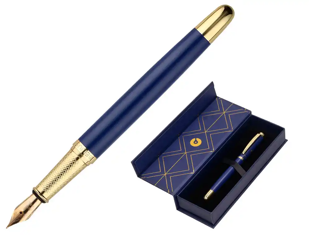 Pluma Belius Soiree Aluminio Color Art Deco Azul Marino y Dorado Tinta Azul Caja de Diseño