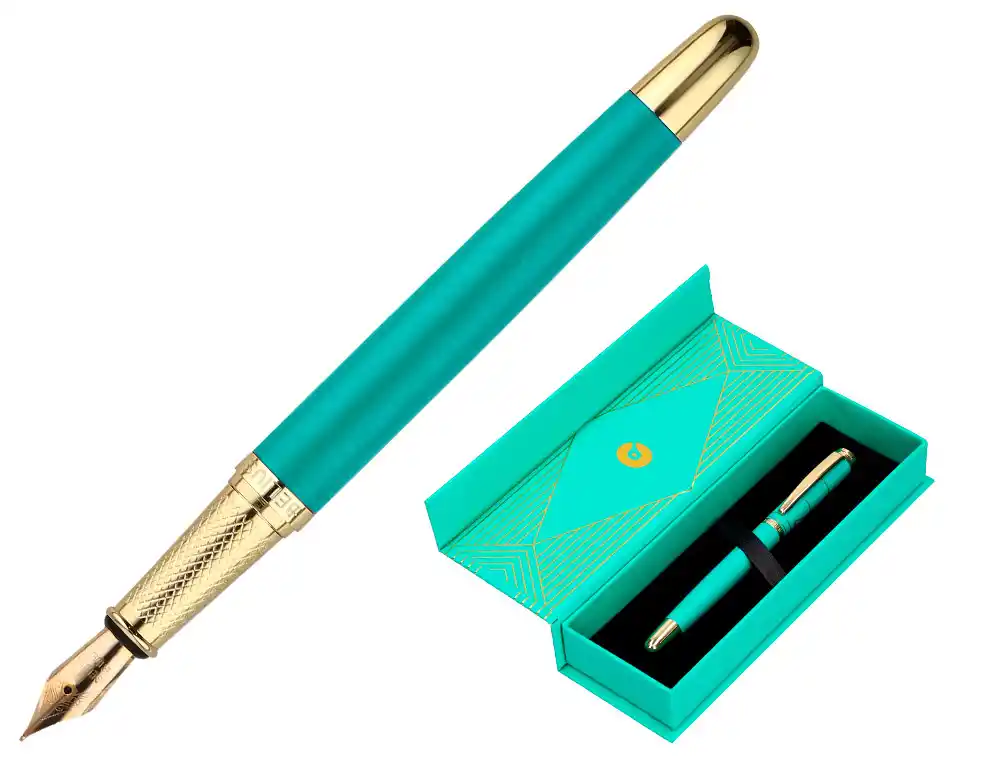 Pluma Belius Soiree Aluminio Color Art Deco Turquesa y Dorado Tinta Azul Caja de Diseño