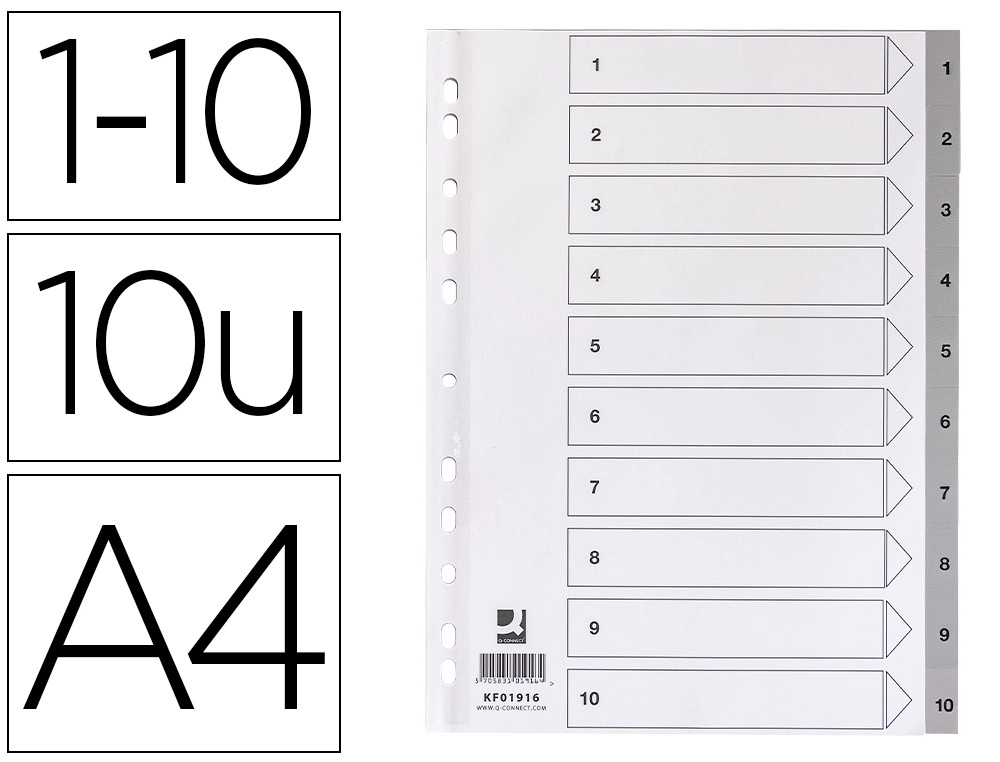 Separador Numerico Q-Connect Plastico 1-10 Juego de 10 Separadores DIN A4 Multitaladro