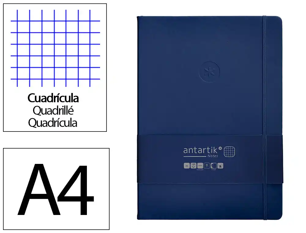 Cuaderno con Gomilla Antartik Notes Tapa Dura A4 Hojas Cuadricula Azul Marino 100 Hojas 80 gr Fsc