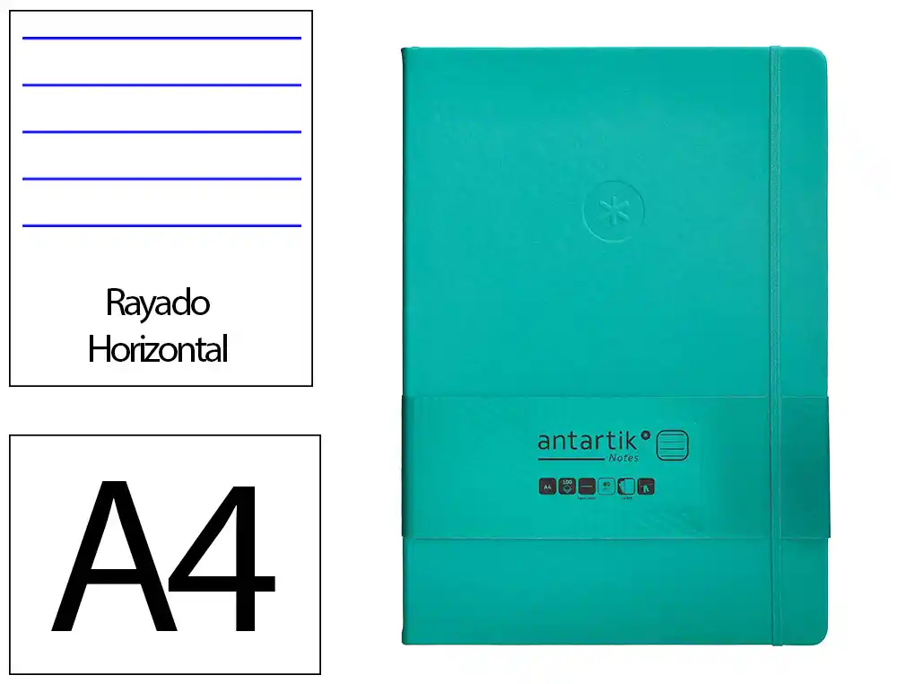 Cuaderno con Gomilla Antartik Notes Tapa Dura A4 Hojas Rayas Turquesa 100 Hojas 80 gr Fsc