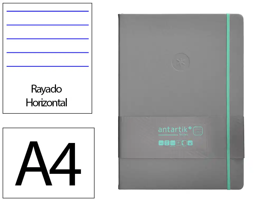 Cuaderno con Gomilla Antartik Notes Tapa Dura A4 Hojas Rayas Gris y Turquesa 100 Hojas 80 gr Fsc