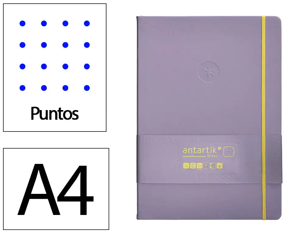 Cuaderno con Gomilla Antartik Notes Tapa Dura A4 Hojas Puntos Morado y Amarillo 100 Hojas 80 gr Fsc