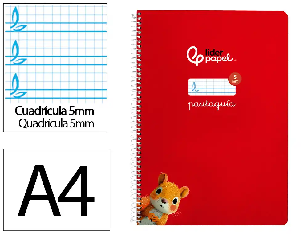 Cuaderno Espiral Liderpapel A4 Pautaguia Tapa Blanda 80h 75gr Cuadro Pautado 5mm Color Rojo