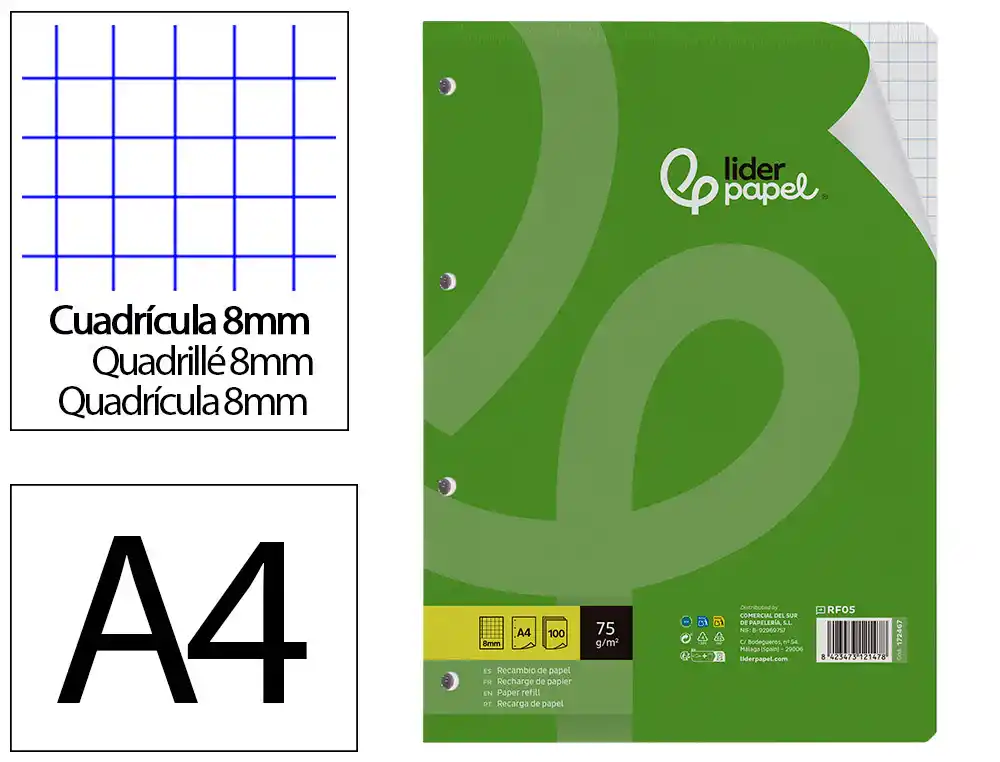Recambio Liderpapel A4 100 Hojas 75gr Cuadro 8mm con Margen 4 Taladros