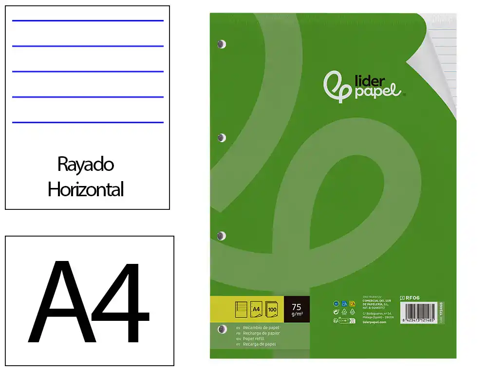Recambio Liderpapel A4 100 Hojas 75gr Horizontal con Margen 4 Taladros