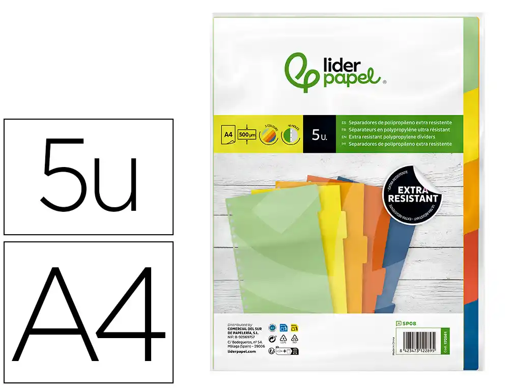 Separador Liderpapel Polipropileno Juego de 5 Separadores A4 Multitaladro 500 Micras
