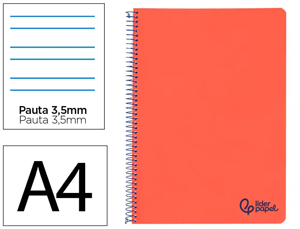Cuaderno Espiral Liderpapel A4 Wonder Tapa Plastico 80h 90gr Pauta Ancha 3,5mm con Margen Color Rojo