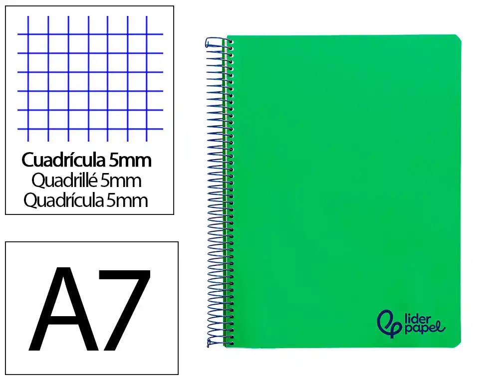 Cuaderno Espiral Liderpapel A7 Micro Wonder Tapa Plastico 100h 90gr Cuadro 5mm 4 Bandas Color Verde Oscuro