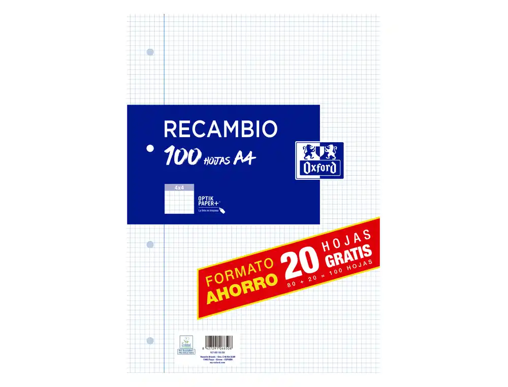 Recambio Oxford DIN A4 80+20 Hojas Gratis 90 gr Cuadro 4 mm 4 Taladros