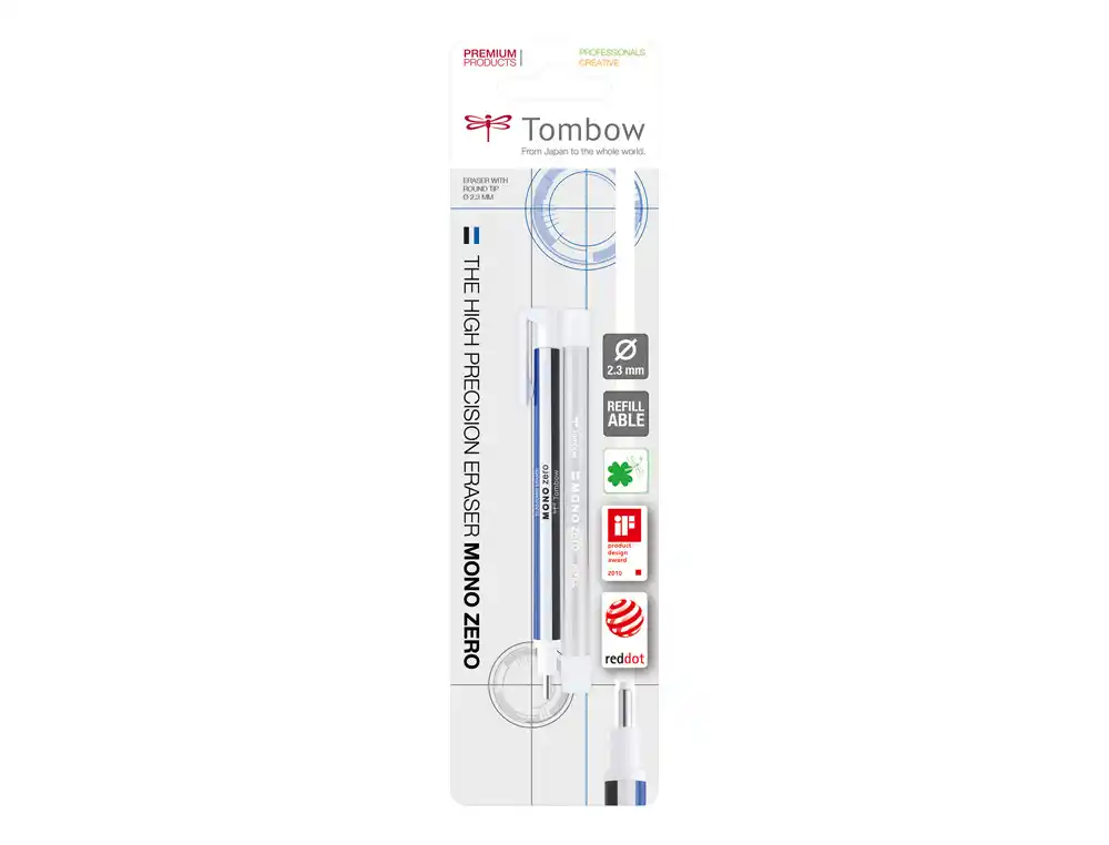 Portagomas Tombow Mono Zero con Clip Goma Redonda 2,3mm Diametro + 2 Recambios