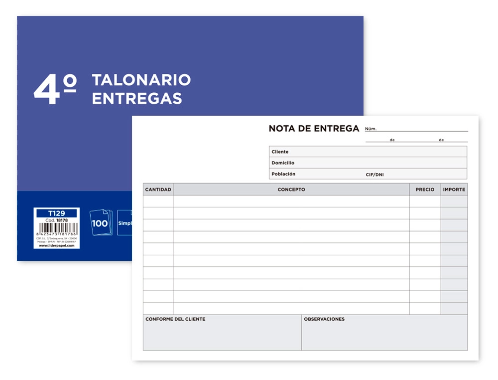 Talonario Liderpapel Entregas Cuarto Original t129 Apaisado