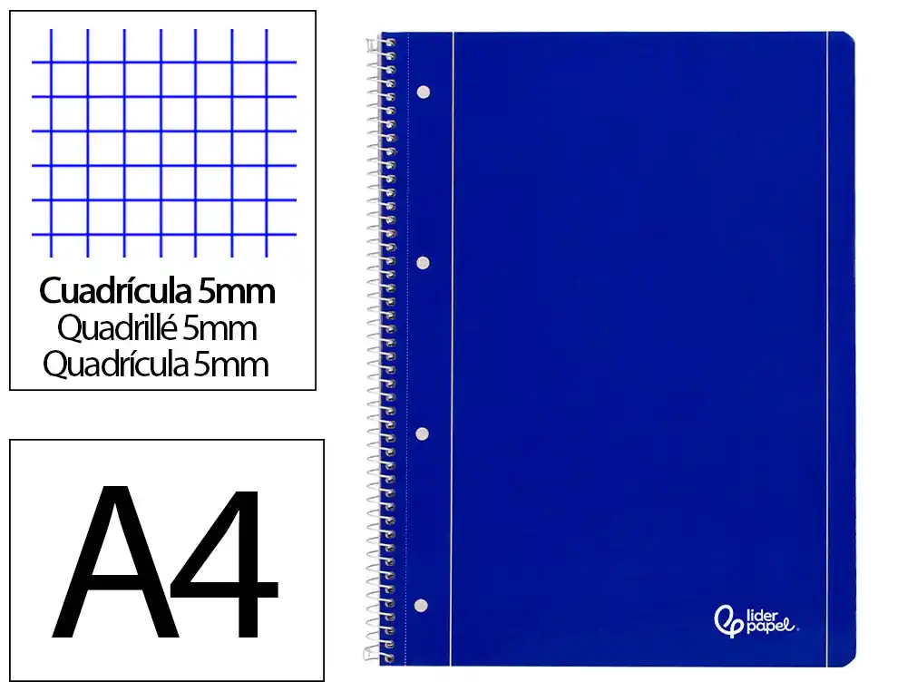 Cuaderno Espiral Liderpapel A4 Micro Serie Azul Tapa Blanda 80h 75gr Cuadro 5mm con Mar Gen 4 Taladros Azul