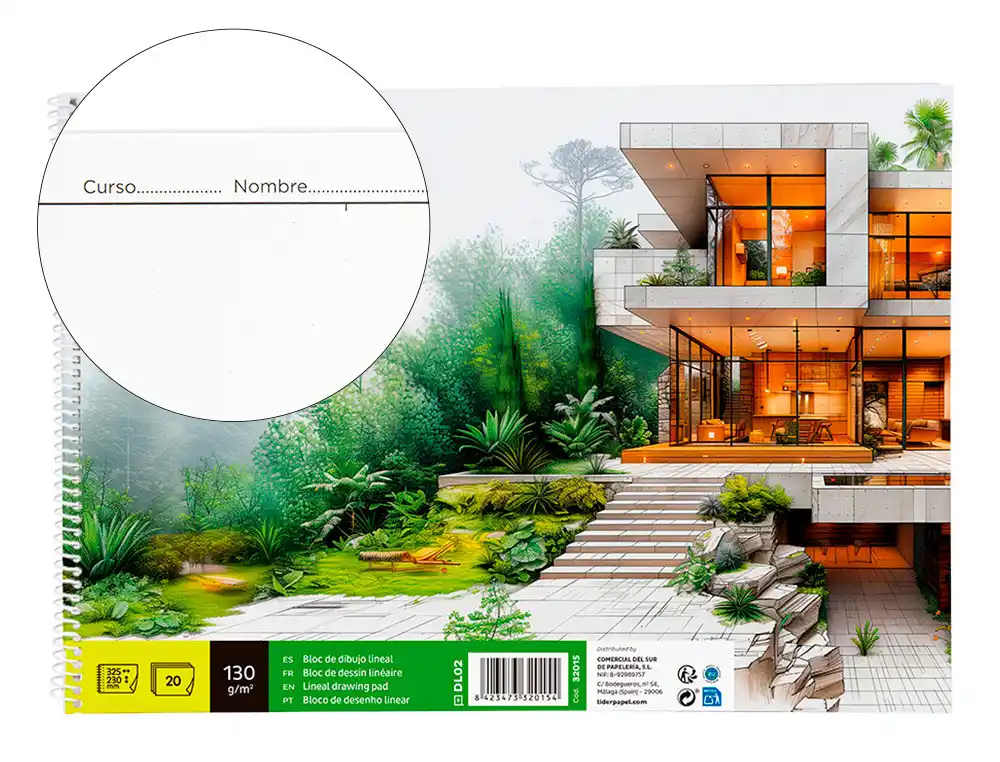 Bloc Dibujo Liderpapel Lineal Arquitectura Espiral 230x325 mm 20 Hojas 130g/m2 con Recuadro Perforado