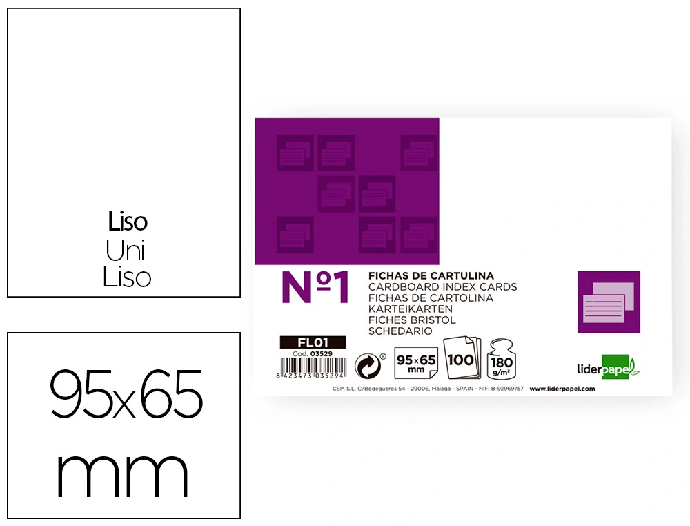 Ficha Liderpapel Lisa Nº1 65x95mm 180gr Paquete de 100 Unidades
