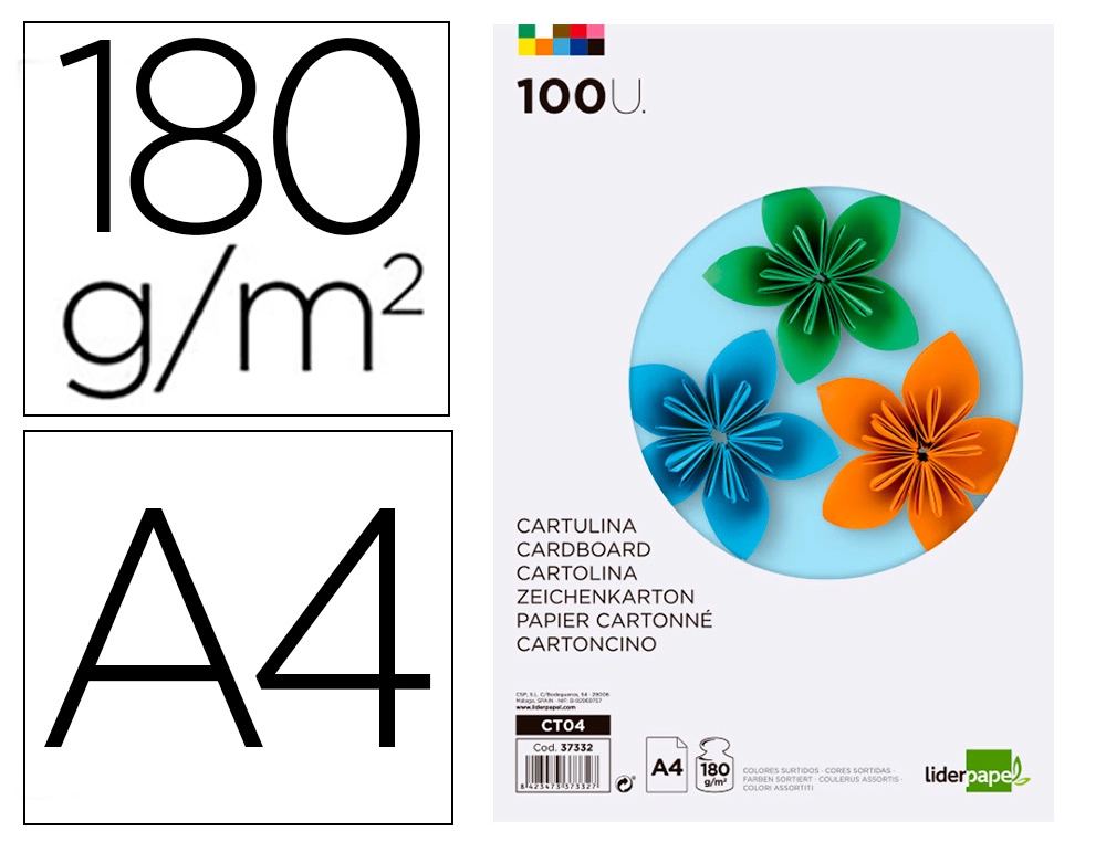 Cartulina Liderpapel A4 180g/m2 10 Colores Surtidos Paquete de 100 Hojas