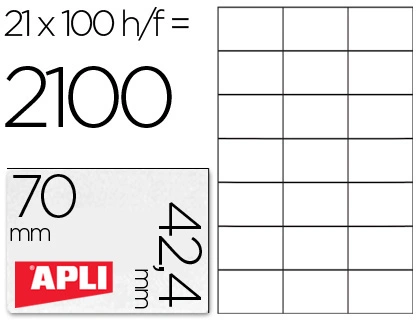 Etiqueta Adhesiva Apli 1276 Tamaño 70x42,4 mm para Fotocopiadora Laser Ink-Jet Caja con 100 Hojas DIN A4