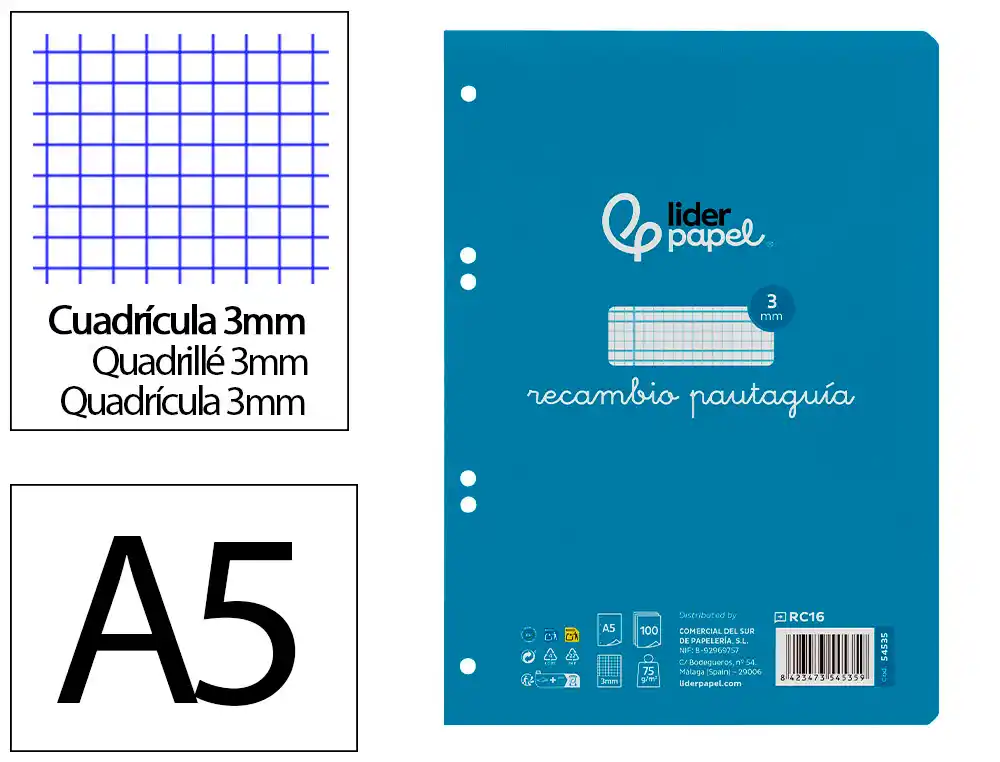 Recambio Liderpapel A5 Pautaguia 100 Hojas 75gr Cuadriculado Pautado 3mm con Margen 6 Taladros