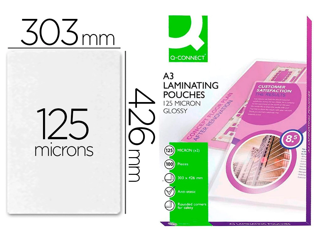 Bolsa de Plastificar Q-Connect 303 x 426 mm 125 Mc DIN A3 Caja de 100 Unidades
