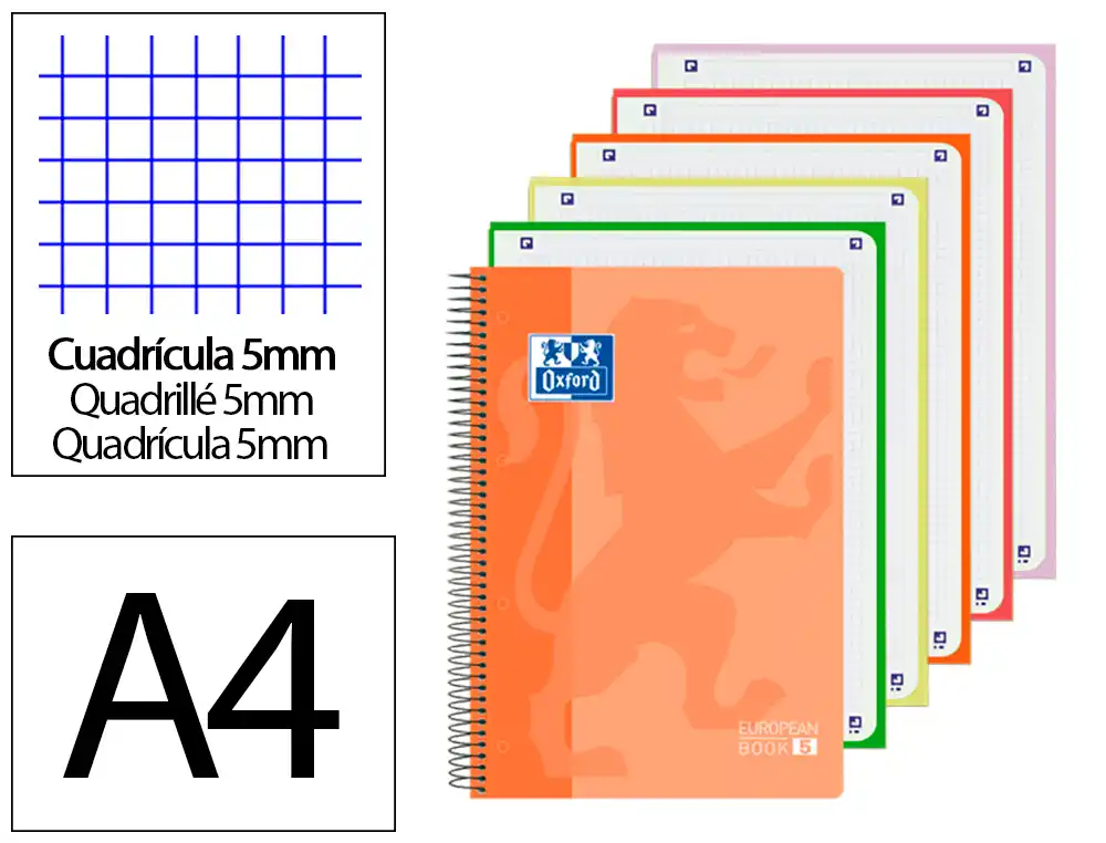 Bloc Espiral Oxford Tapa Plastico Optik Paper Microperforado DIN a4+ 120h Cuadro 5 mm Colores Surtidos