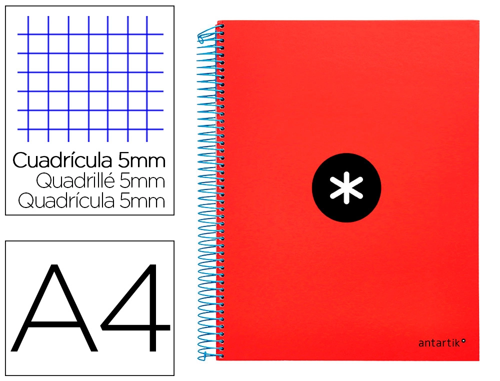 Cuaderno Espiral A4 Micro Antartik Tapa Forrada 120h 90 gr Cuadro 5mm 5 Bandas 4 Taladros Color Rojo