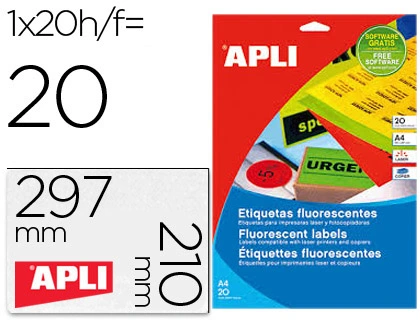 Etiqueta Adhesiva Apli 02879 210x297 mm para Fotocopiadora Laser Caja con 20 Hojas DIN A4 Naranja