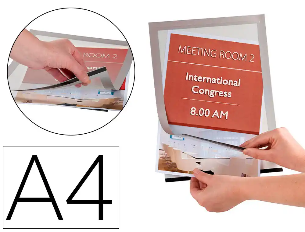 Marco porta anuncios q-connect magneto din a4 dorso adhesivo removible color plata pack de 2 unidades