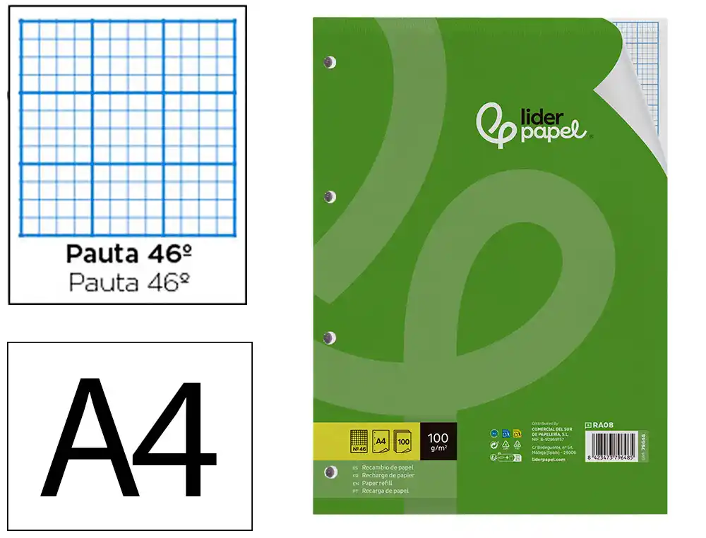 Recambio Liderpapel A4 100 Hojas 100gr Rayado nº 46 4 Taladros