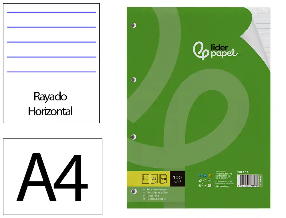 Recambio Liderpapel A4 100 Hojas 100gr Rayado Horizontal con Margen 4 Taladros