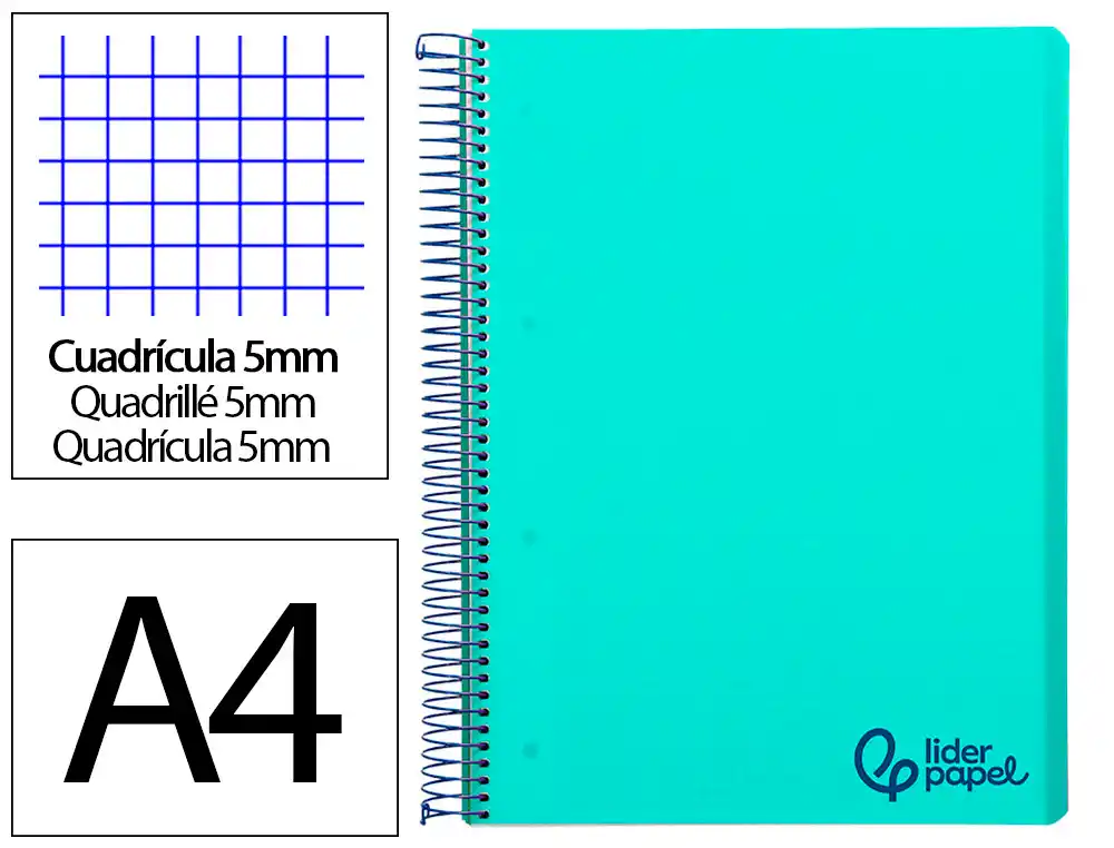 Cuaderno Espiral Liderpapel A4 Micro Wonder Tapa Plastico 120h 90gr Cuadro 5mm 5 Banda 4 Taladro Color Verde Turquesa