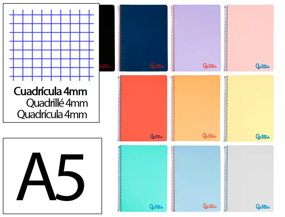 Cuaderno Espiral Liderpapel A5 Wonder Tapa Plastico 80h 90gr Cuadro 4mm con Margen Colores Surtidos